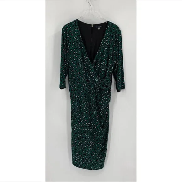 Tommy Hilfiger faux wrap jersey knit shift dress green cheetah leopard print 18W - Picture 2 of 6